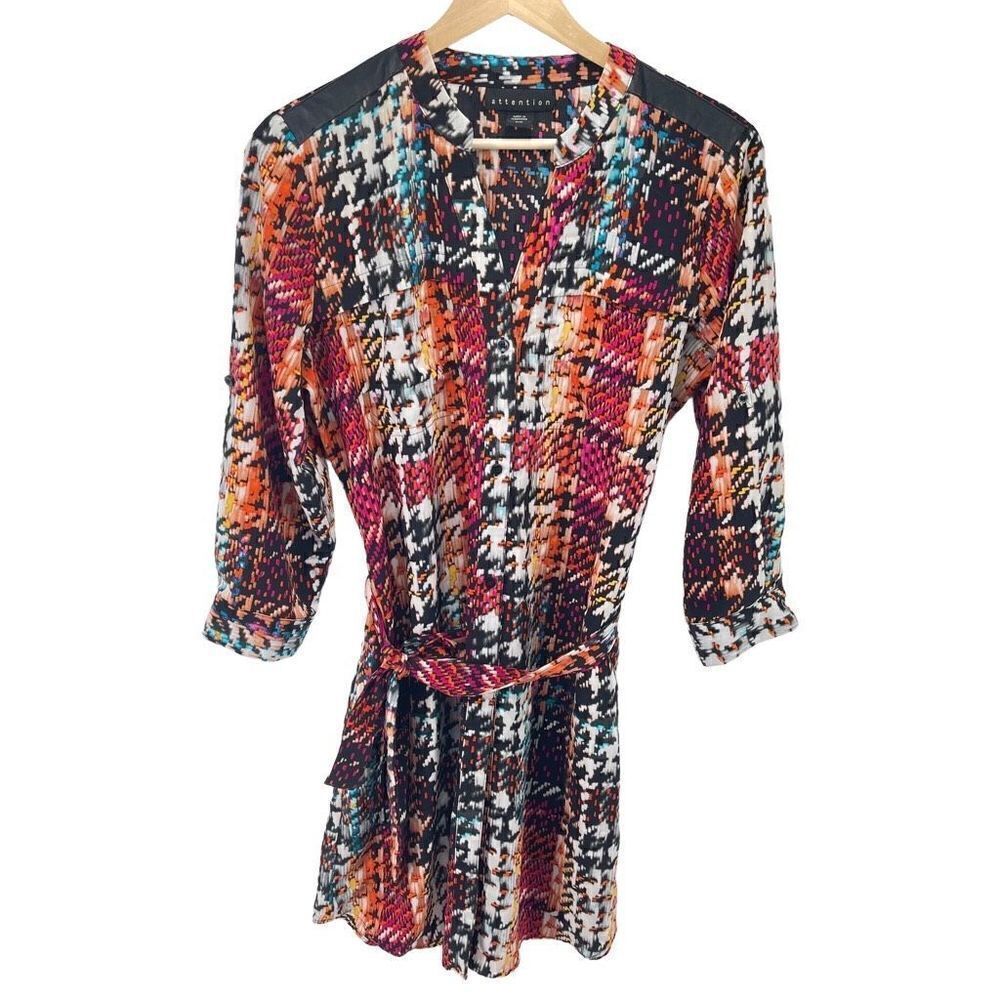 Attention Button-up Multicolor Shirt Dress mod medium EUC houndstooth rainbow